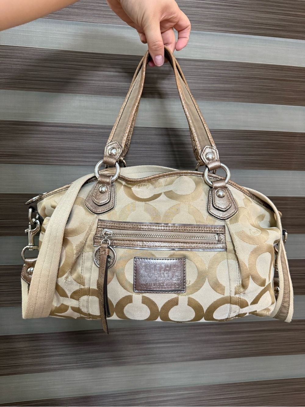 Coach Poppy Tan and Cream Signature Canvas Satchel